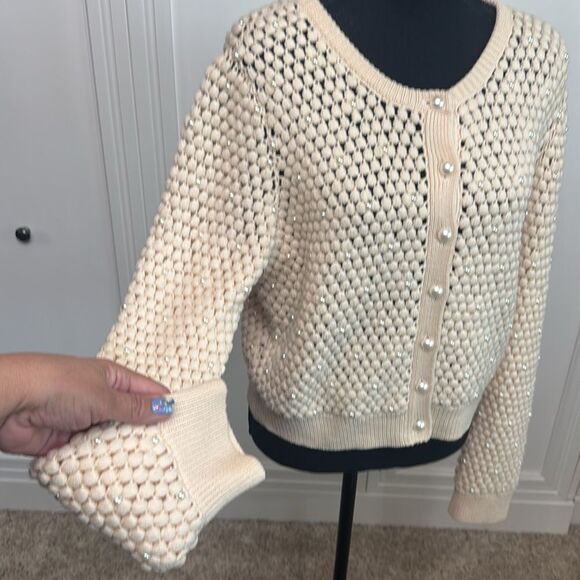 Alice + Olivia Cream Pearl Cardigan Wool Large - Picture 4 of 7